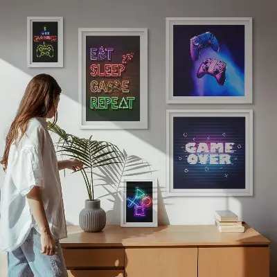 Conjunto de 5 quadros com moldura com temas de jogos de computador em neon