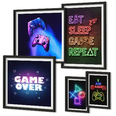 Conjunto de 5 quadros com moldura com temas de jogos de computador em neon
