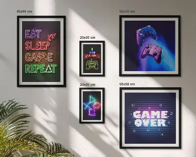 Conjunto de 5 quadros com moldura com temas de jogos de computador em neon