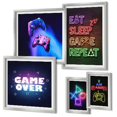Conjunto de 5 quadros com moldura com temas de jogos de computador em neon