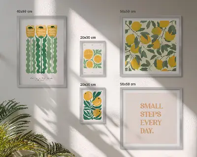 Galeria de parede com estampas de flores cítricas e slogans positivos
