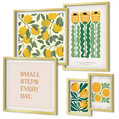 Galeria de parede com estampas de flores cítricas e slogans positivos