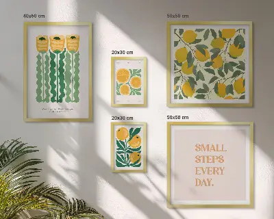 Galeria de parede com estampas de flores cítricas e slogans positivos
