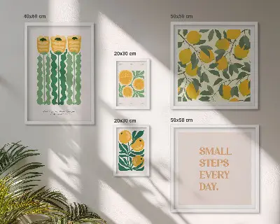 Galeria de parede com estampas de flores cítricas e slogans positivos