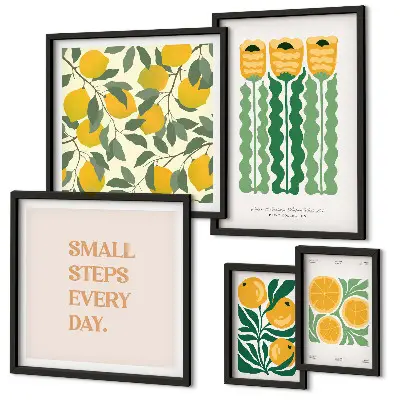 Galeria de parede com estampas de flores cítricas e slogans positivos
