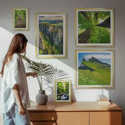Conjunto de 5 quadros com moldura com estampas de paisagens verdes e trilhas na natureza