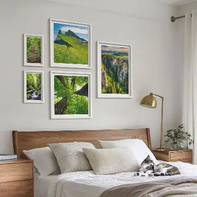 Conjunto de 5 quadros com moldura com estampas de paisagens verdes e trilhas na natureza