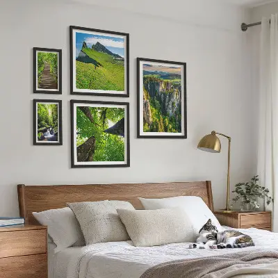 Conjunto de 5 quadros com moldura com estampas de paisagens verdes e trilhas na natureza