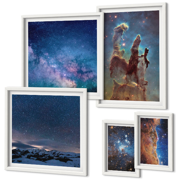 Conjunto de 5 quadros decorativos Paisagens cósmicas de galáxias