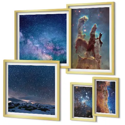Conjunto de 5 quadros decorativos com paisagens cósmicas de galáxias