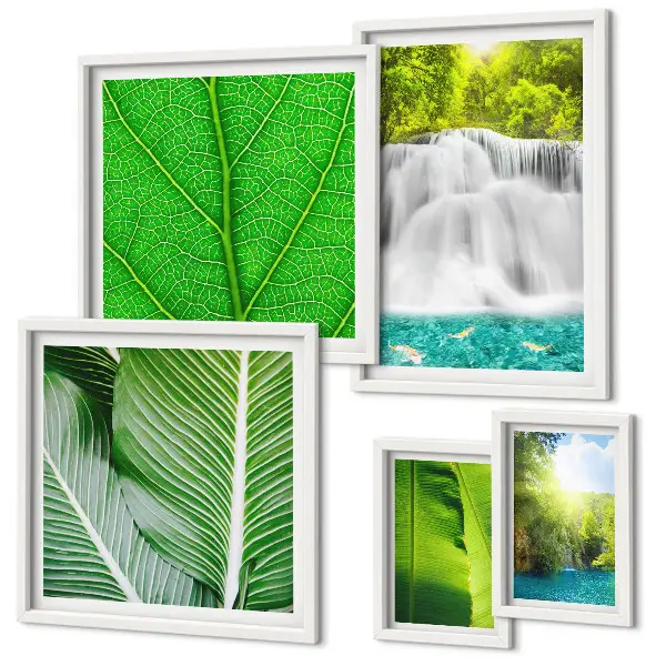 Galeria de quadros para parede com estampa de cachoeiras e palmeiras tropicais