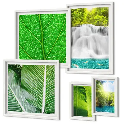 Galeria de quadros para parede com estampa de cachoeiras e palmeiras tropicais