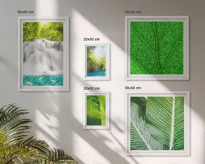 Galeria de quadros para parede com estampa de cachoeiras e palmeiras tropicais