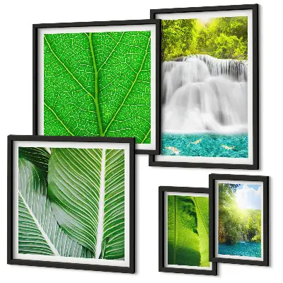 Galeria de quadros para parede com estampa de cachoeiras e palmeiras tropicais