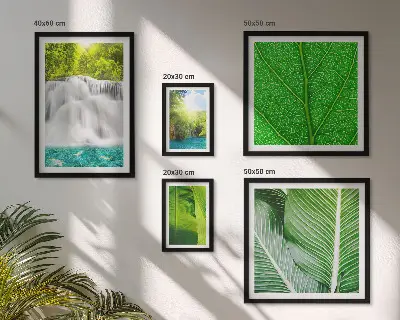Galeria de quadros para parede com estampa de cachoeiras e palmeiras tropicais