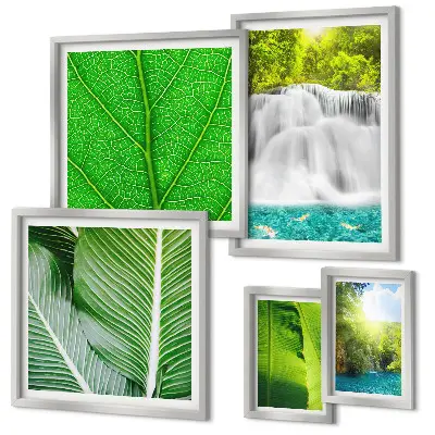 Galeria de quadros para parede com estampa de cachoeiras e palmeiras tropicais