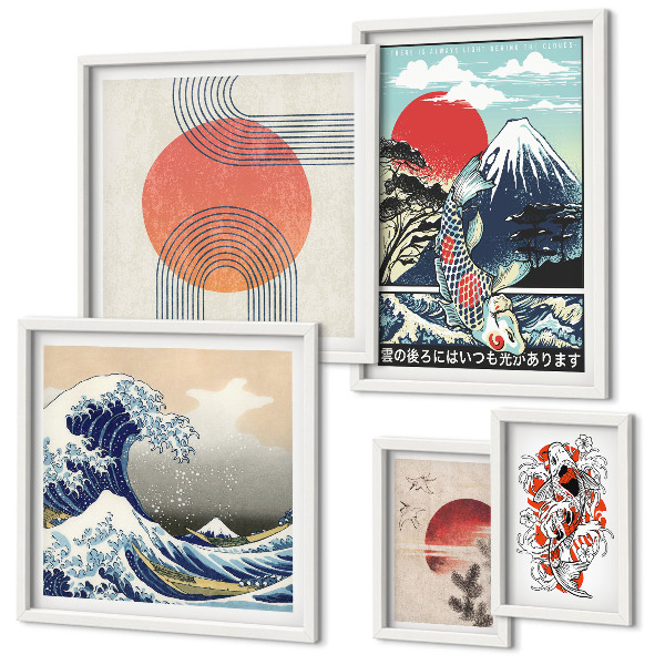 Conjunto de 5 quadros com moldura Ondas, motivos da arte japonesa
