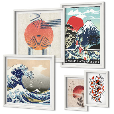 Conjunto de 5 quadros com moldura Ondas, motivos da arte japonesa