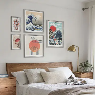 Conjunto de 5 quadros com moldura estampa de ondas com motivos da arte japonesa