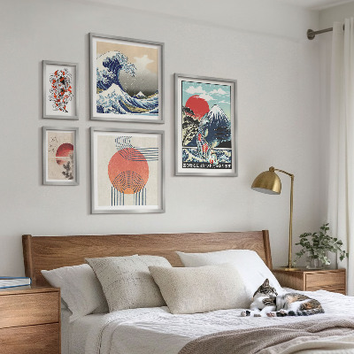 Conjunto de 5 quadros com moldura Ondas, motivos da arte japonesa