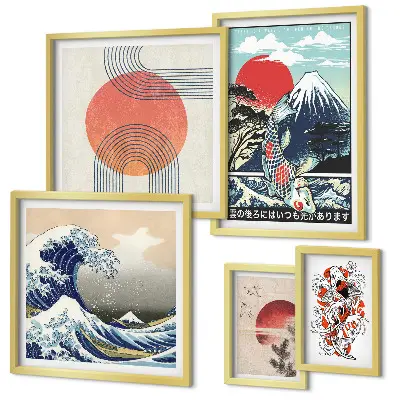 Conjunto de 5 quadros com moldura estampa de ondas com motivos da arte japonesa