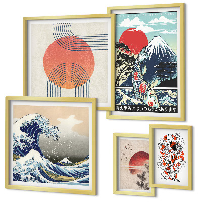 Conjunto de 5 quadros com moldura Ondas, motivos da arte japonesa