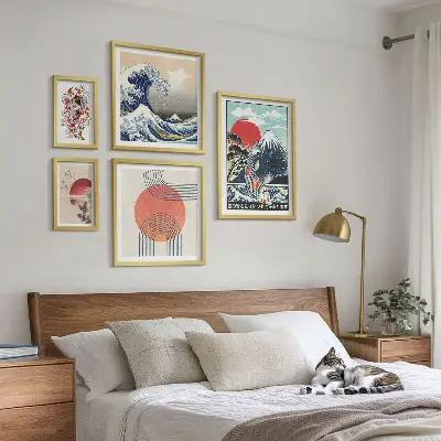 Conjunto de 5 quadros com moldura estampa de ondas com motivos da arte japonesa