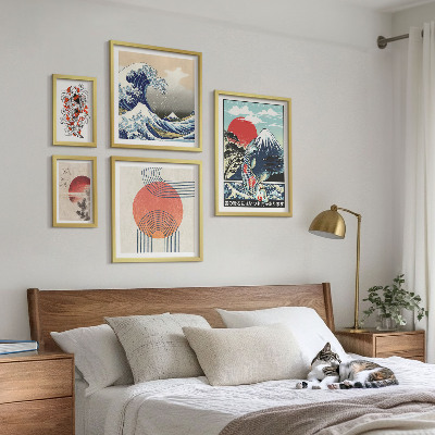 Conjunto de 5 quadros com moldura Ondas, motivos da arte japonesa