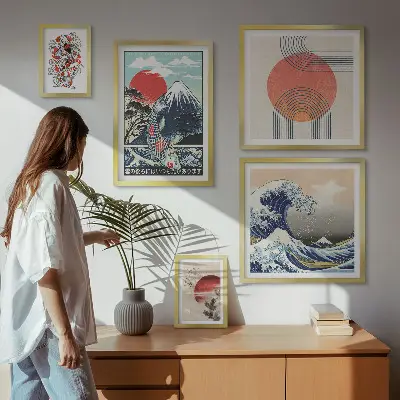 Conjunto de 5 quadros com moldura estampa de ondas com motivos da arte japonesa