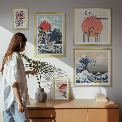 Conjunto de 5 quadros com moldura Ondas, motivos da arte japonesa
