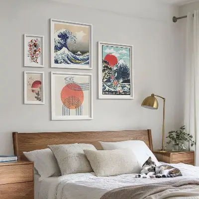 Conjunto de 5 quadros com moldura estampa de ondas com motivos da arte japonesa