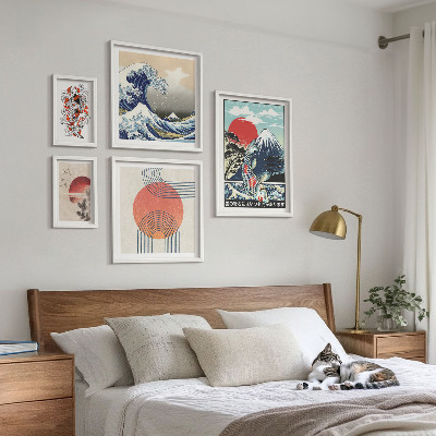 Conjunto de 5 quadros com moldura Ondas, motivos da arte japonesa