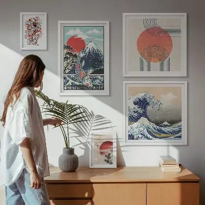 Conjunto de 5 quadros com moldura estampa de ondas com motivos da arte japonesa