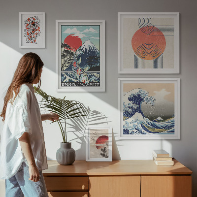 Conjunto de 5 quadros com moldura Ondas, motivos da arte japonesa
