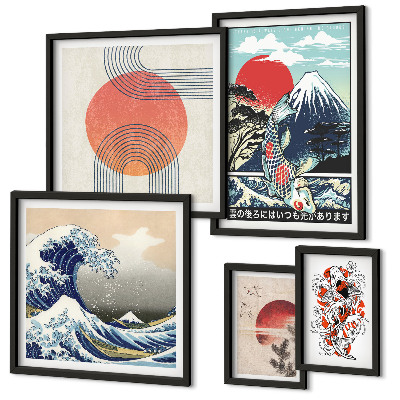 Conjunto de 5 quadros com moldura Ondas, motivos da arte japonesa