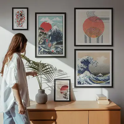 Conjunto de 5 quadros com moldura estampa de ondas com motivos da arte japonesa
