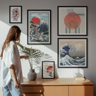 Conjunto de 5 quadros com moldura Ondas, motivos da arte japonesa