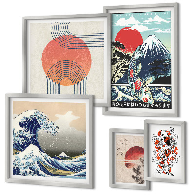 Conjunto de 5 quadros com moldura Ondas, motivos da arte japonesa