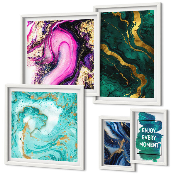 Galeria de parede Padrões abstratos em verde e roxo.