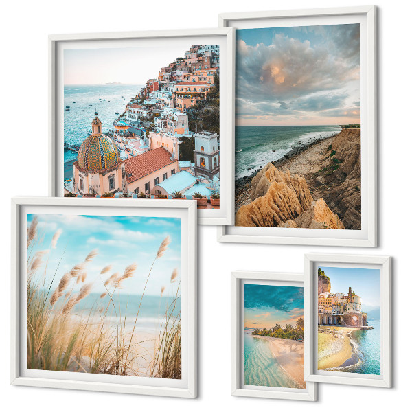 Conjunto de 5 quadros com moldura Paisagens de praia do mundo
