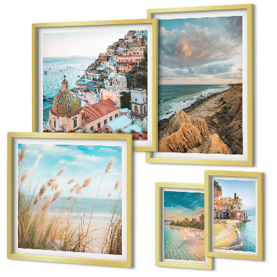 Conjunto de 5 quadros com moldura Paisagens de praia do mundo