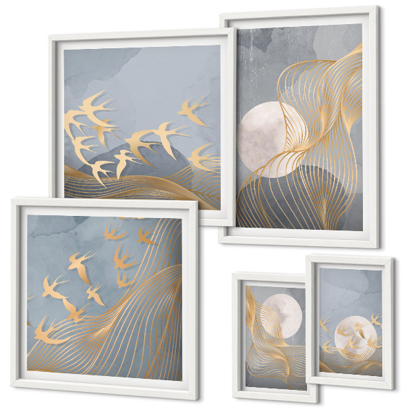 Conjunto de 5 quadros decorativos Ondas e pássaros abstratos
