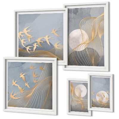 Conjunto de 5 quadros decorativos Ondas e pássaros abstratos