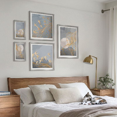 Conjunto de 5 quadros decorativos Ondas e pássaros abstratos