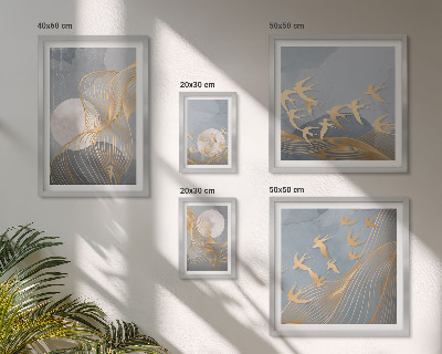 Conjunto de 5 quadros decorativos Ondas e pássaros abstratos