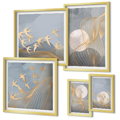 Conjunto de 5 quadros decorativos Ondas e pássaros abstratos