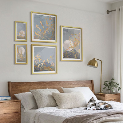 Conjunto de 5 quadros decorativos Ondas e pássaros abstratos