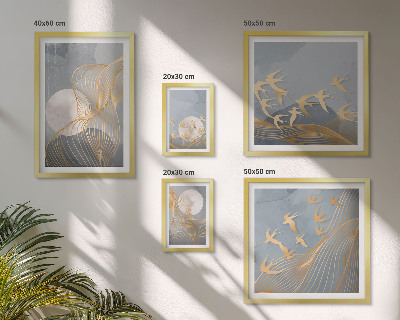 Conjunto de 5 quadros decorativos Ondas e pássaros abstratos