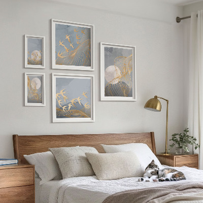 Conjunto de 5 quadros decorativos Ondas e pássaros abstratos