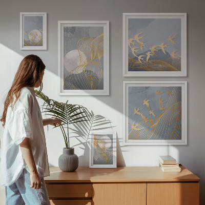 Conjunto de 5 quadros decorativos Ondas e pássaros abstratos